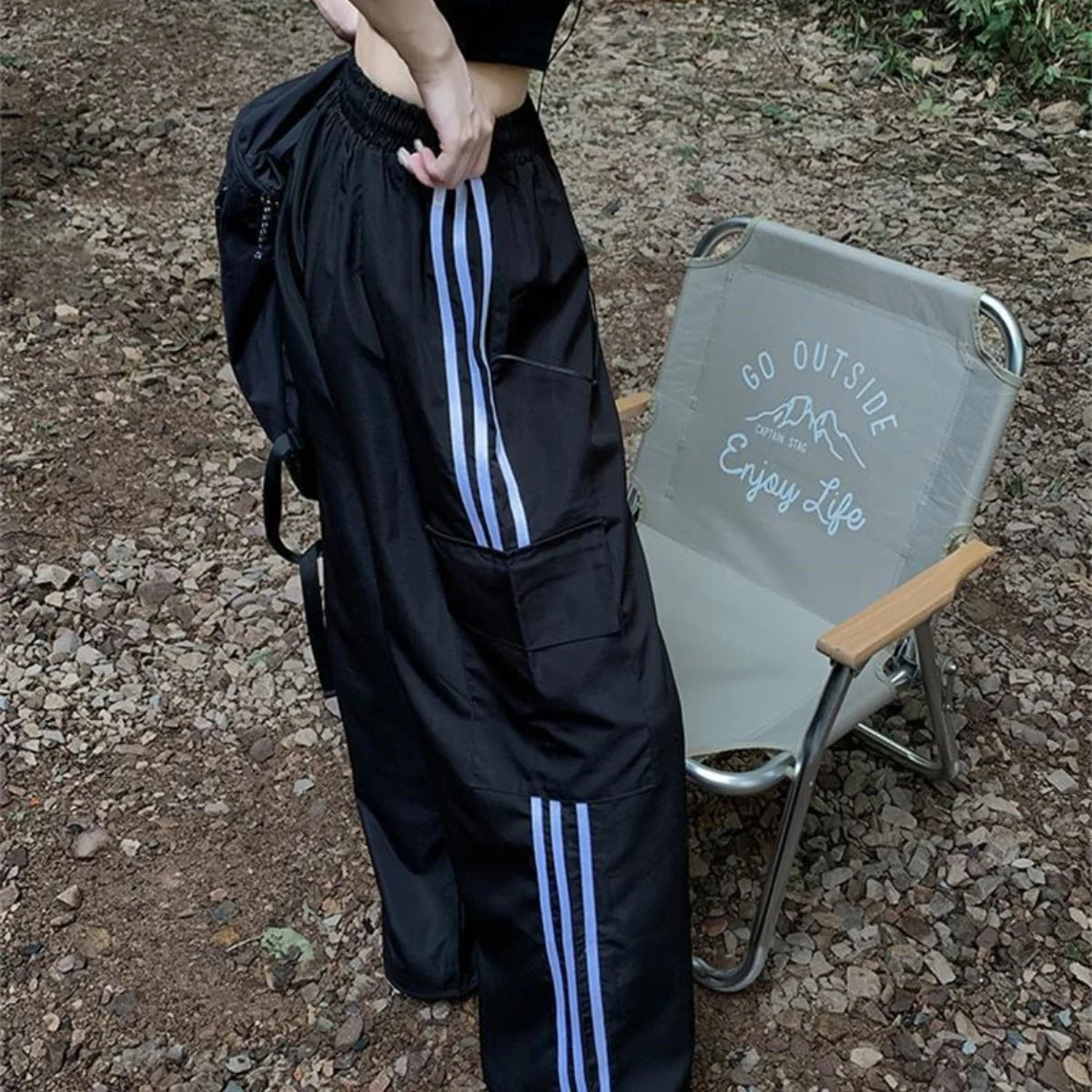 Women Y2k Wide Leg Track Pants Baggy Side Striped Joggers Sweatpants Elastic Waist Color Block Parachute Pants with Pockets