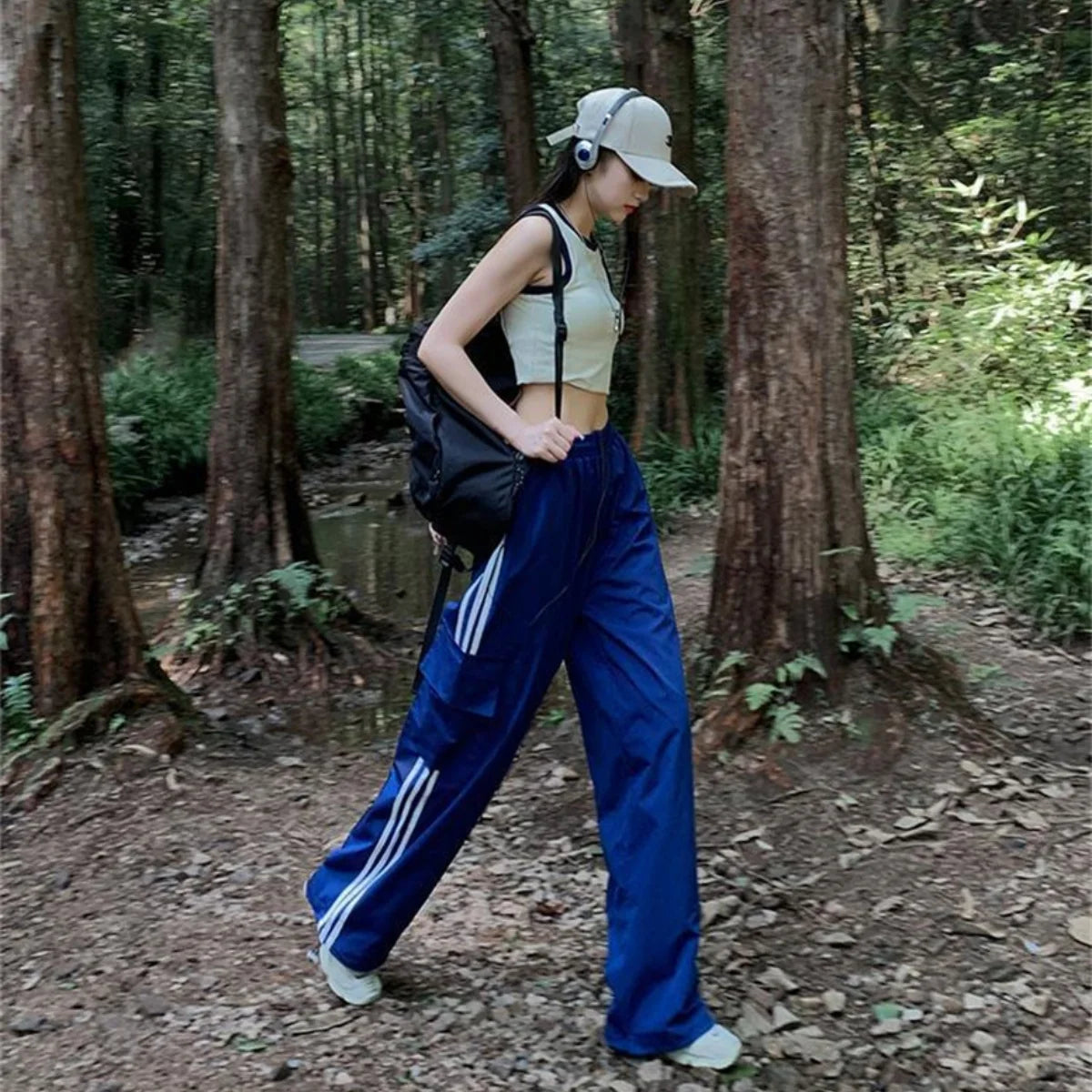 Women Y2k Wide Leg Track Pants Baggy Side Striped Joggers Sweatpants Elastic Waist Color Block Parachute Pants with Pockets