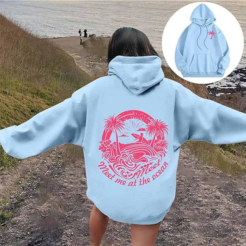 Autumn and winter new Pink Palm Puff Fashion treeprint fashionable simple hoodie casual loose comfortable hoodie drawstring spor