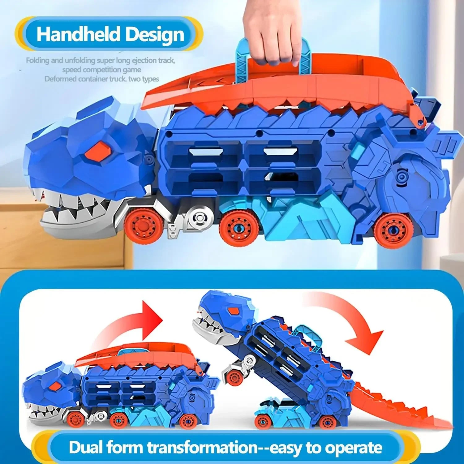 Transport Dinosaur Hauler Truck Foldable Sliding 25 Inch Race Track Transforms into Standing T-rex with 4 Die-cast Cars Toy Kids