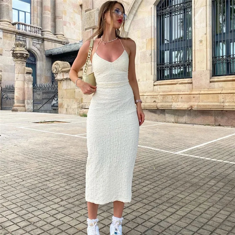 WhereMery Elegant Sleeveless Long Dresses Y2K Summer Backless Slim Low-cut Women's Dress Fashion Solid Knit Streetwear Club Robe