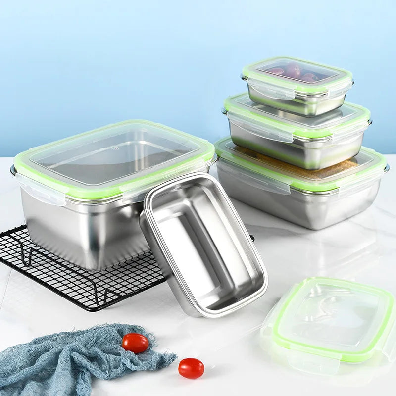 304 Stainless Steel Fresh-keeping Box Sealed Leak Proof Lunch Box Fruit Box with Lid Dumpling Container Refrigerated Storage Box