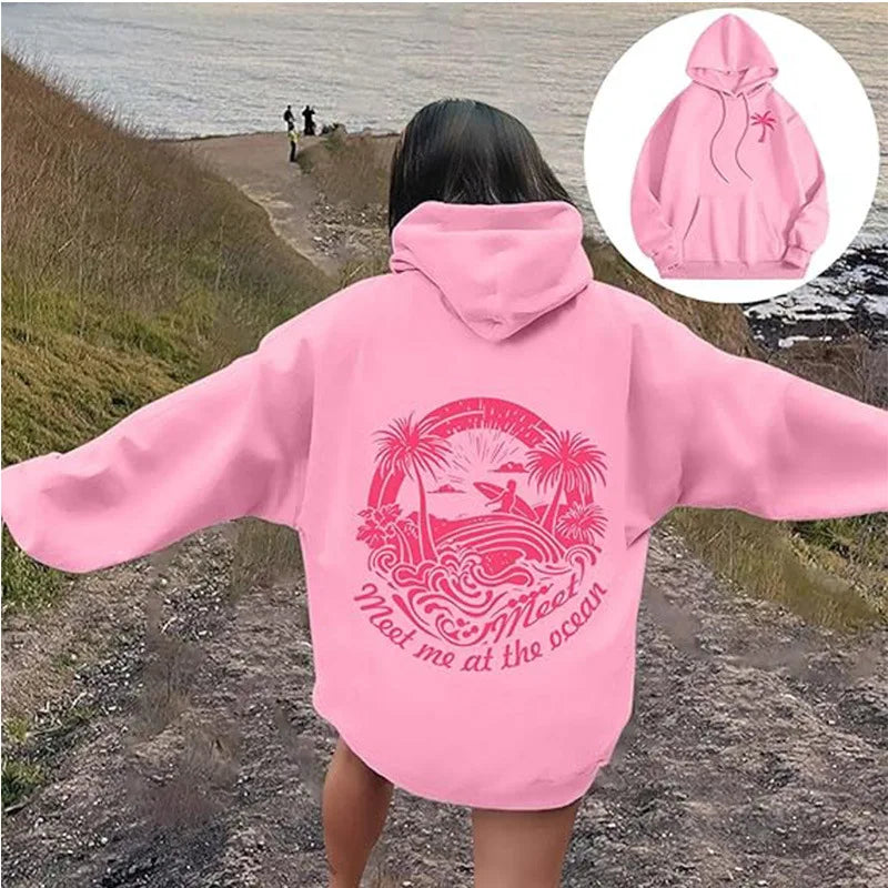 Autumn and winter new Pink Palm Puff Fashion treeprint fashionable simple hoodie casual loose comfortable hoodie drawstring spor
