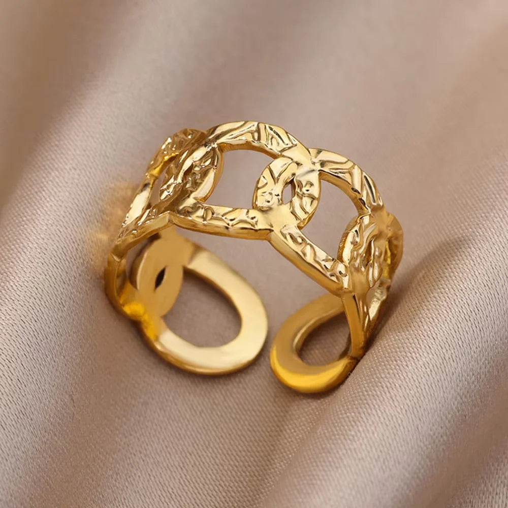 Elegant Stainless Steel Big Bloom Flower Rings For Women Gold Color Sun Starfish Open Ring Finger Jewelry Wedding Her Gift Punk