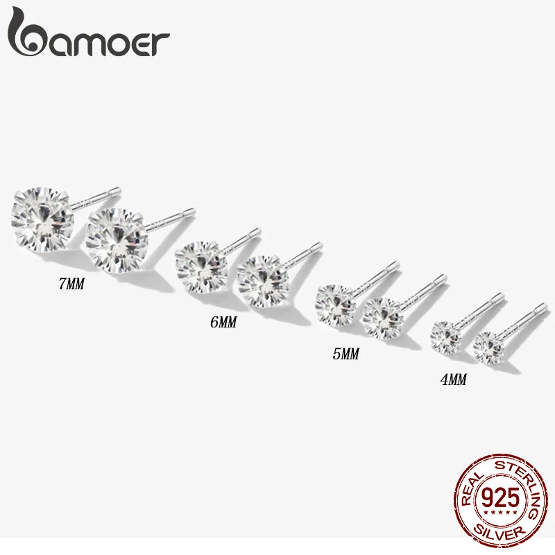 Stud Earrings 925 Sterling Silver Platinum Plated Round Cubic Zirconia Hypoallergenic Earrings 4mm 5mm 6mm 7mm BSE166
