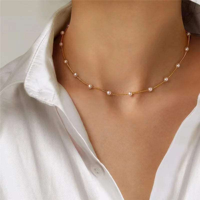 3pcs Women's Pearl Necklace Set 14K Gold Fashion Love Heart Pendant Waterproof Hypoallergenic Collarbone Neck Chain Jewelry