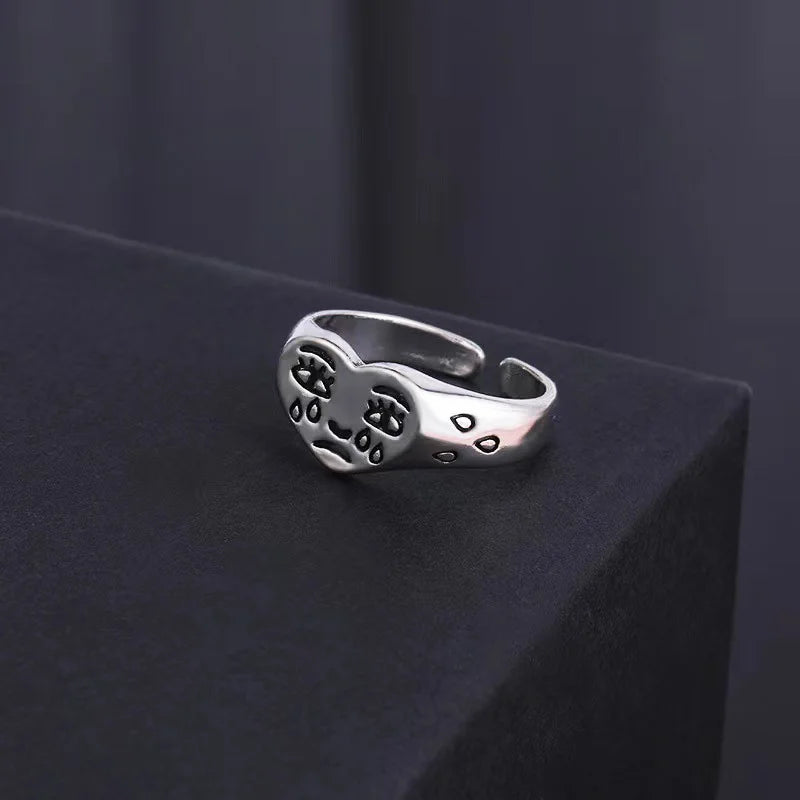 Retro Heart Shape Crying Face Ring For Men Women Silver Color Punk Gothic Open Ring Handmade Unisex Designer Jewelry Accessories
