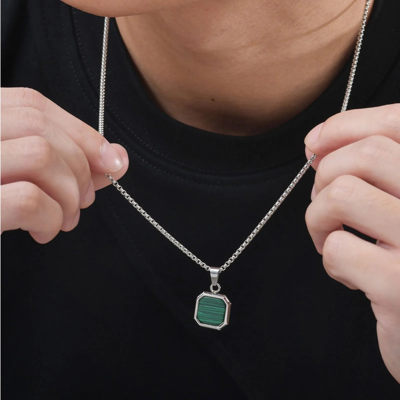 Trendy Pendant Necklaces for Men Boys,Square Natural Stone Stainless Steel Necklaces,New Hip Hop Cool Jewelry Gifts