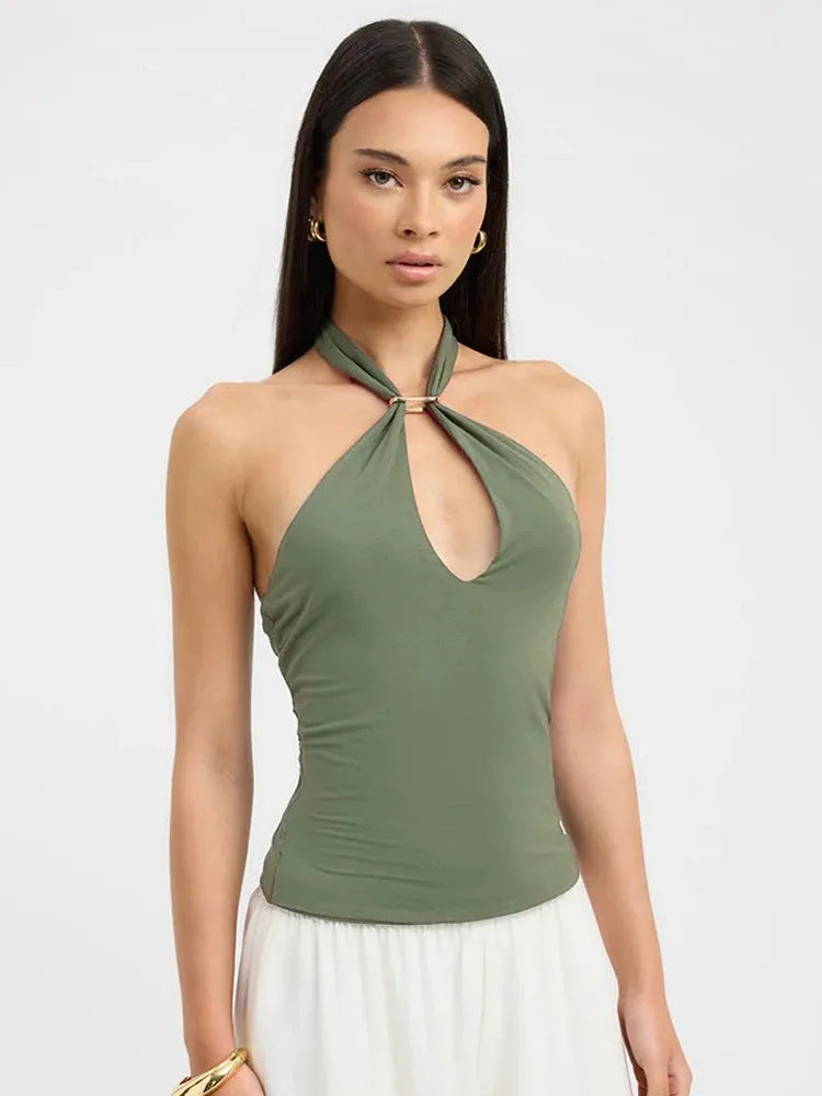Summer new women's sleeveless backless perforated hollow hanging neck strap tight vest top