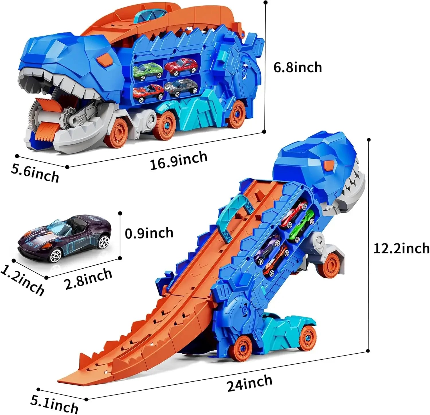 Transport Dinosaur Hauler Truck Foldable Sliding 25 Inch Race Track Transforms into Standing T-rex with 4 Die-cast Cars Toy Kids