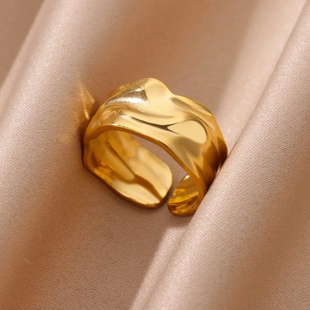Irregular Geometric Chunky Opening Rings for Women Stainless Steel Gold Color Ring Aesthetic Wedding Waterproof Jewelry Gift