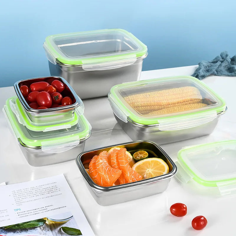 304 Stainless Steel Fresh-keeping Box Sealed Leak Proof Lunch Box Fruit Box with Lid Dumpling Container Refrigerated Storage Box