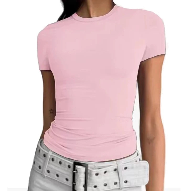 Spring Autumn Women Y2K Pink T-Shirt Causal Long Sleeve Crop Tops O Neck Pullovers Base Tees Bodycon Slim Fit T Shirt