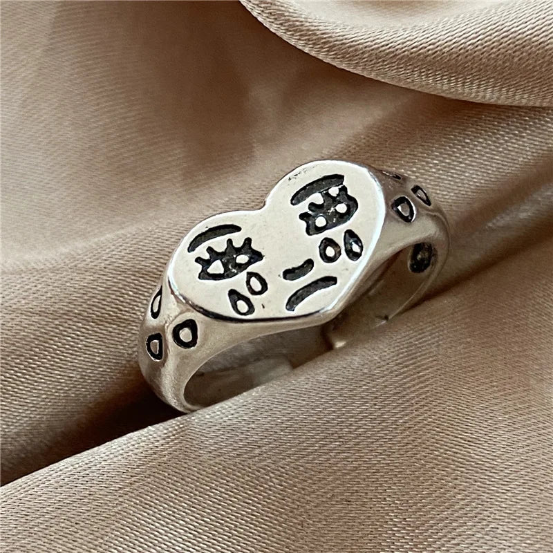 Retro Heart Shape Crying Face Ring For Men Women Silver Color Punk Gothic Open Ring Handmade Unisex Designer Jewelry Accessories
