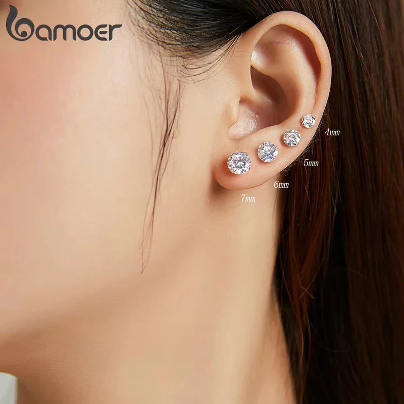 Stud Earrings 925 Sterling Silver Platinum Plated Round Cubic Zirconia Hypoallergenic Earrings 4mm 5mm 6mm 7mm BSE166