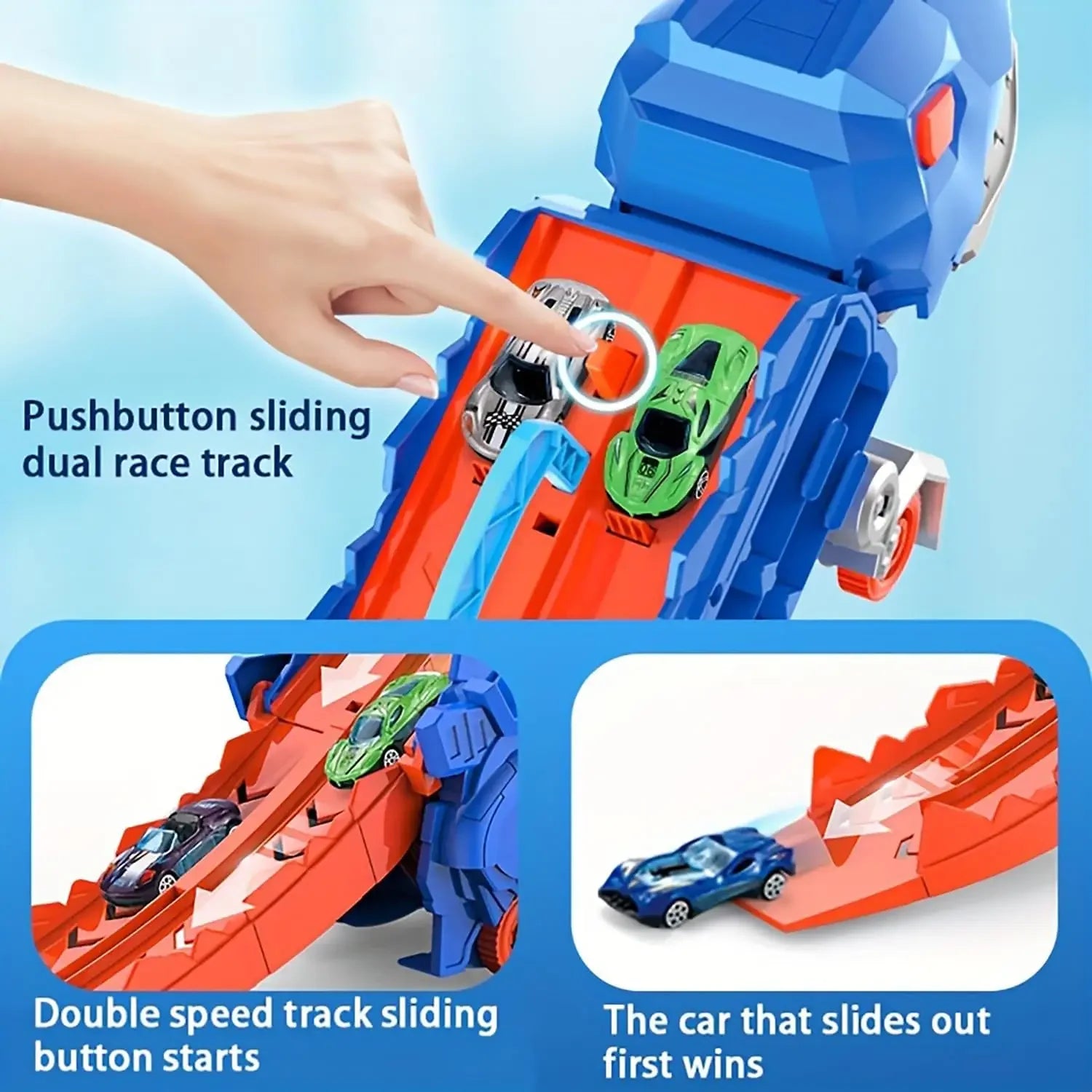 Transport Dinosaur Hauler Truck Foldable Sliding 25 Inch Race Track Transforms into Standing T-rex with 4 Die-cast Cars Toy Kids