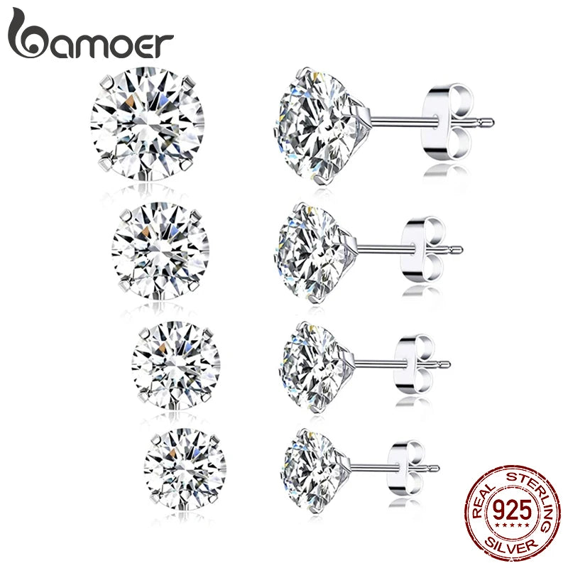 Stud Earrings 925 Sterling Silver Platinum Plated Round Cubic Zirconia Hypoallergenic Earrings 4mm 5mm 6mm 7mm BSE166