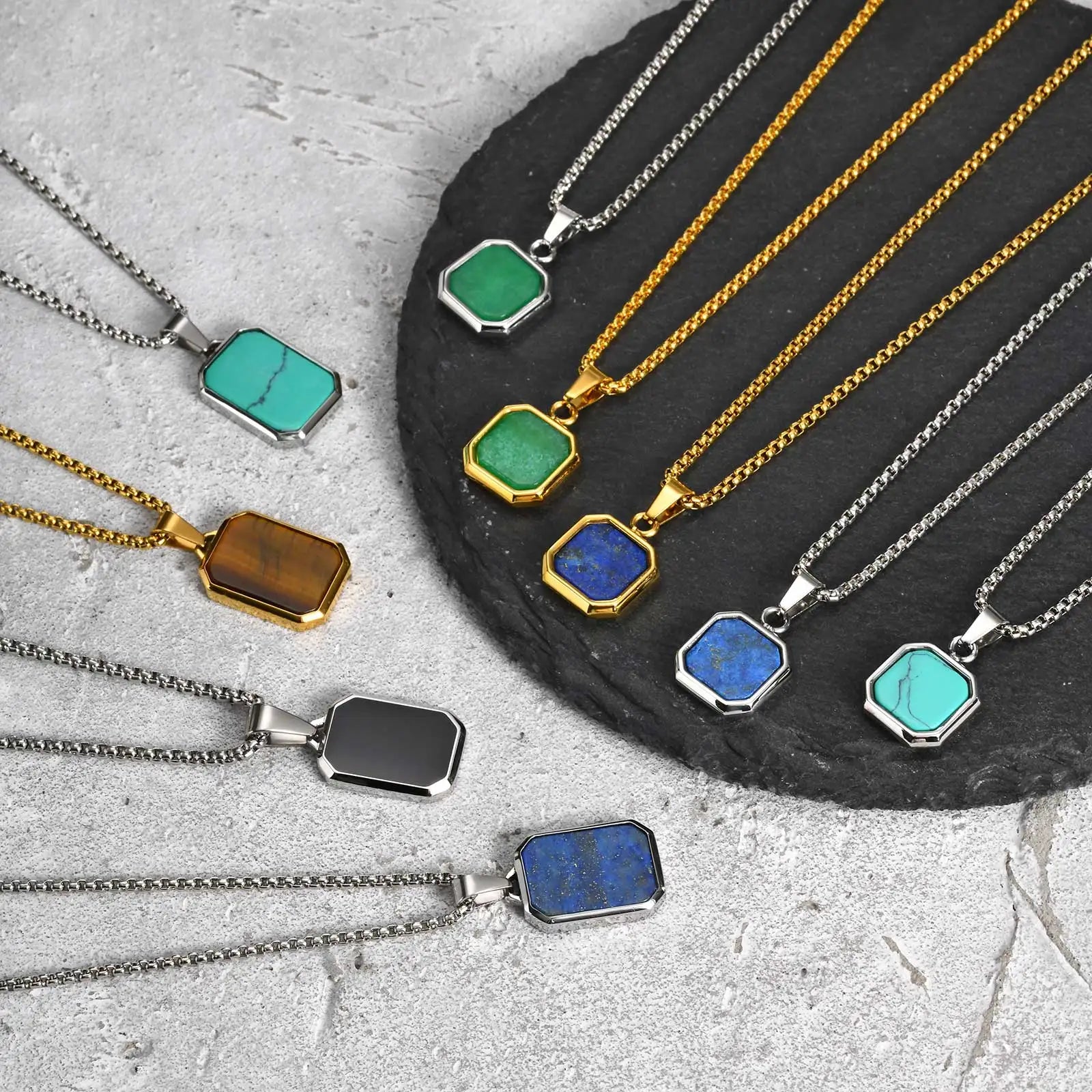Trendy Pendant Necklaces for Men Boys,Square Natural Stone Stainless Steel Necklaces,New Hip Hop Cool Jewelry Gifts