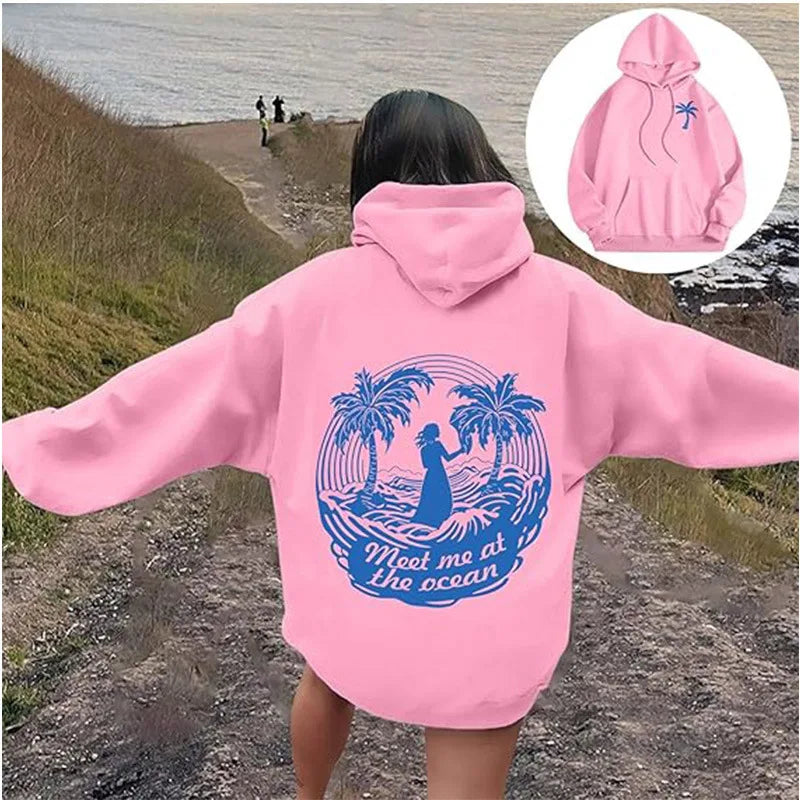 Autumn and winter new Pink Palm Puff Fashion treeprint fashionable simple hoodie casual loose comfortable hoodie drawstring spor