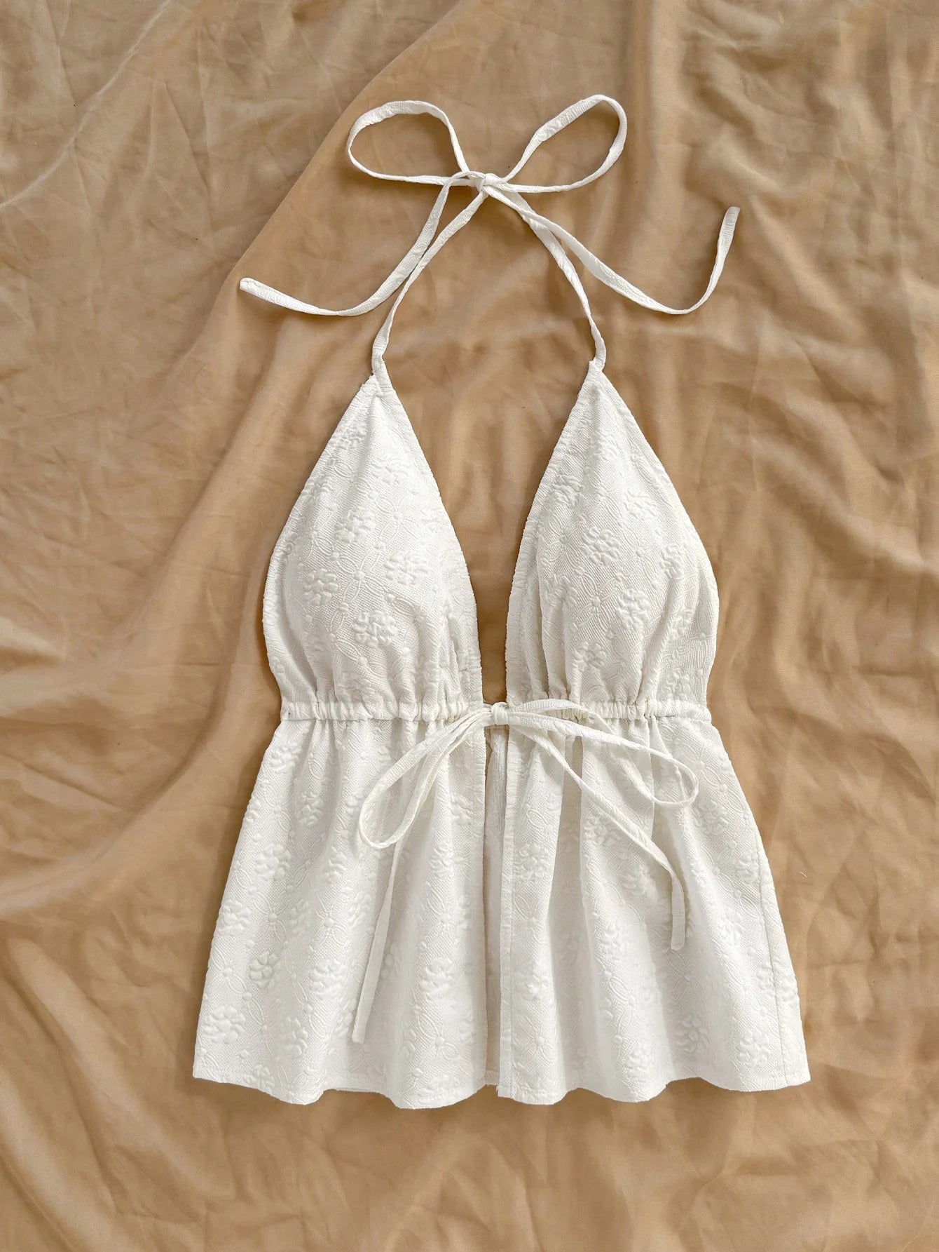 Women's Summer Casual Halter Sexy V-Neck Backless Textured Fabric Sleeveless White Vest