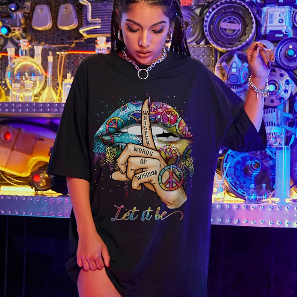 Women's summer casual fashion loose plus size letter lip print pattern printed short sleeved summer T-shirt dress