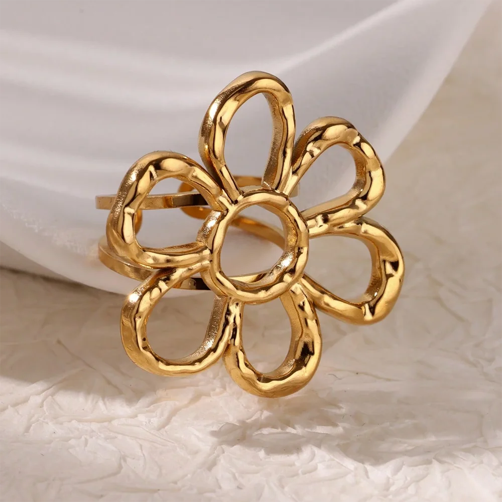 Elegant Stainless Steel Big Bloom Flower Rings For Women Gold Color Sun Starfish Open Ring Finger Jewelry Wedding Her Gift Punk