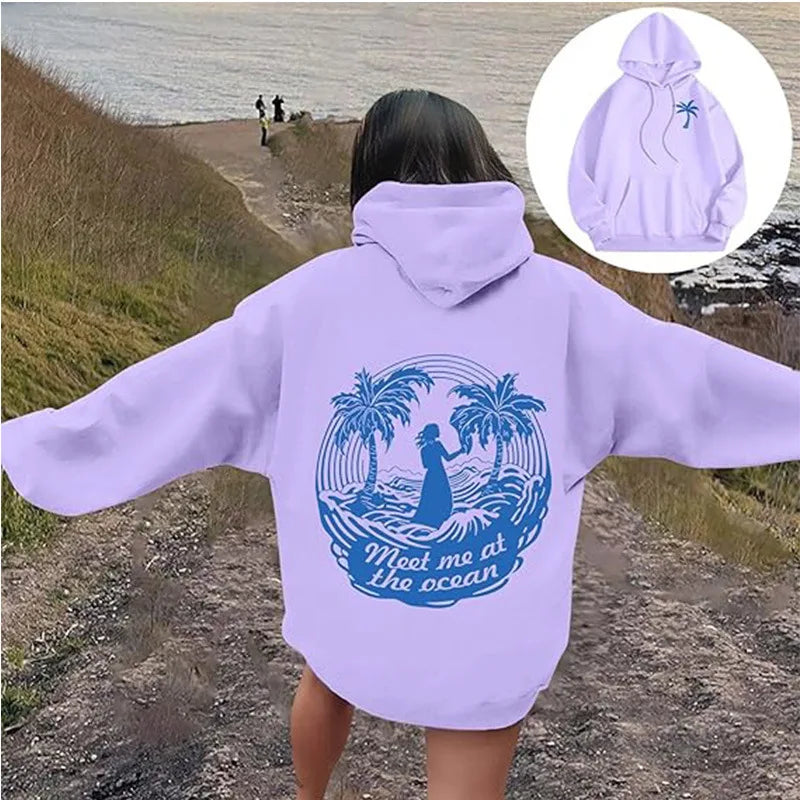 Autumn and winter new Pink Palm Puff Fashion treeprint fashionable simple hoodie casual loose comfortable hoodie drawstring spor