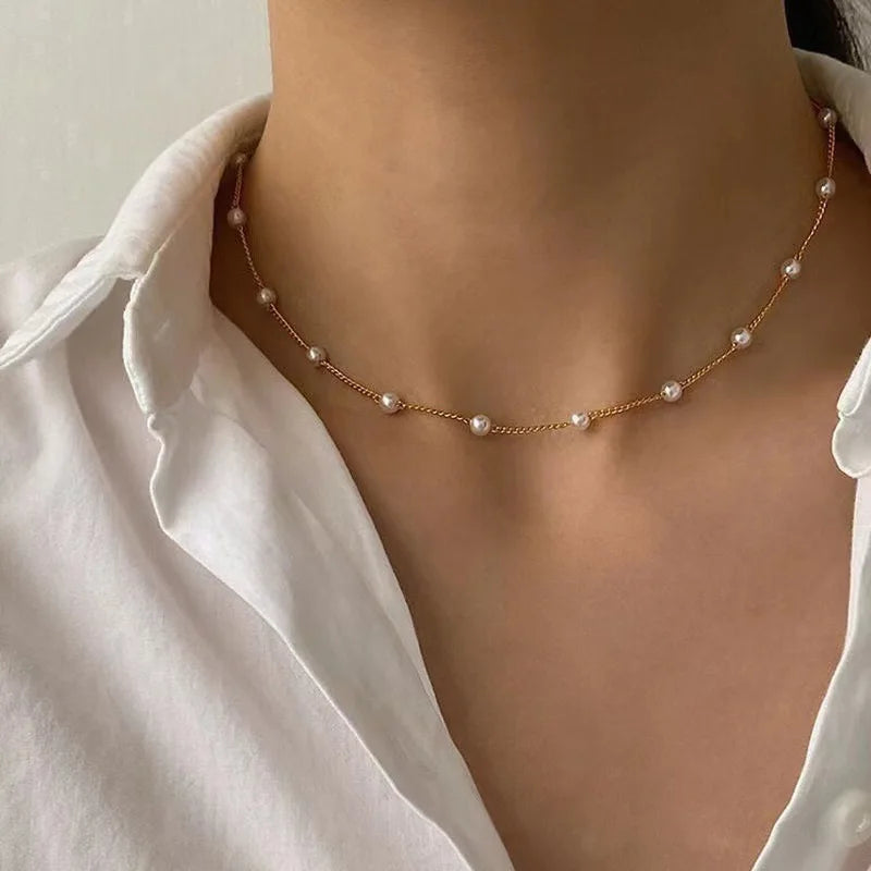 3pcs Women's Pearl Necklace Set 14K Gold Fashion Love Heart Pendant Waterproof Hypoallergenic Collarbone Neck Chain Jewelry