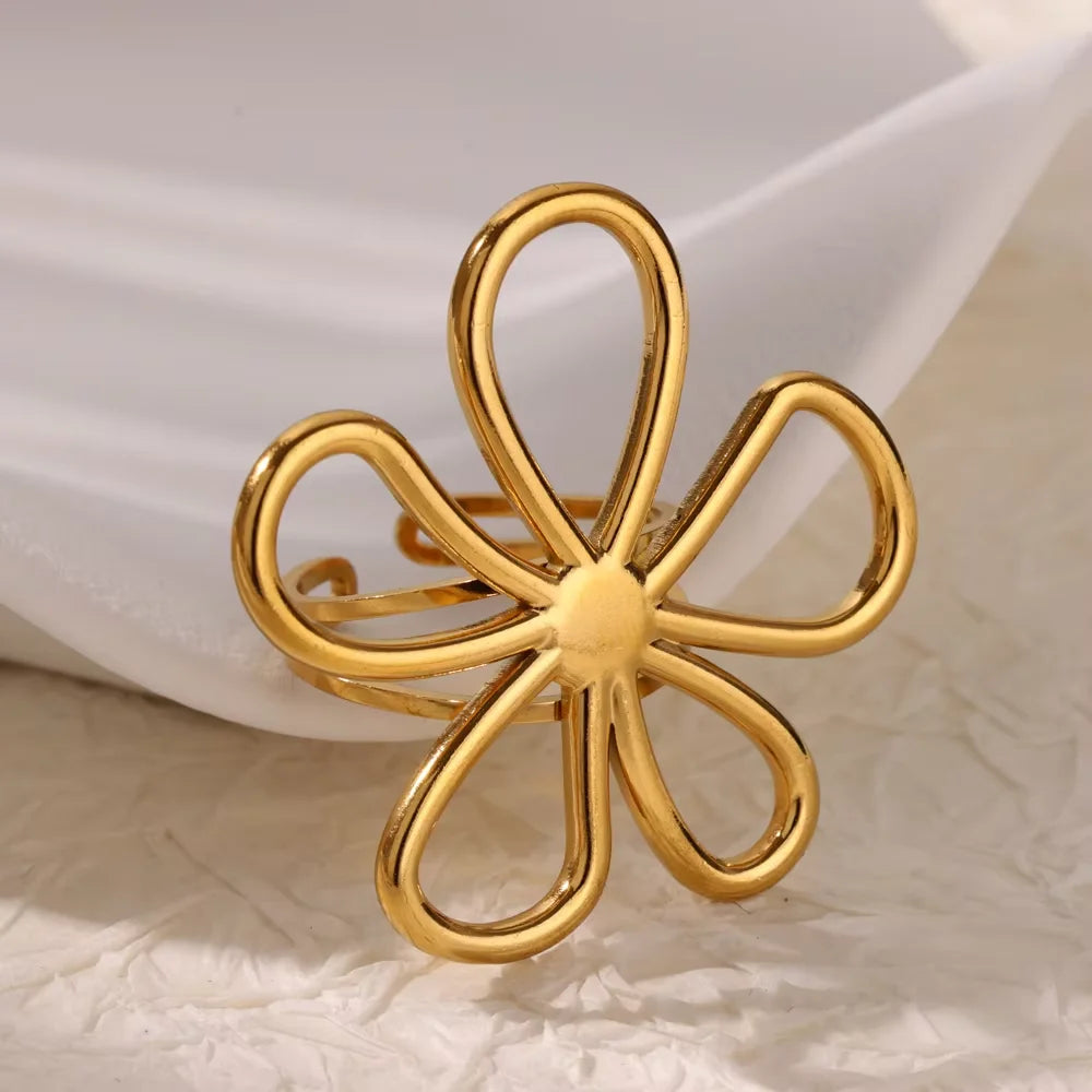 Elegant Stainless Steel Big Bloom Flower Rings For Women Gold Color Sun Starfish Open Ring Finger Jewelry Wedding Her Gift Punk