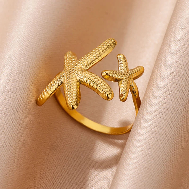 Ocean Starfish Shell Open Rings For Women Gold Color Stainless Steel Ring Summer Beach Aesthetic Waterproof Jewelry Gift