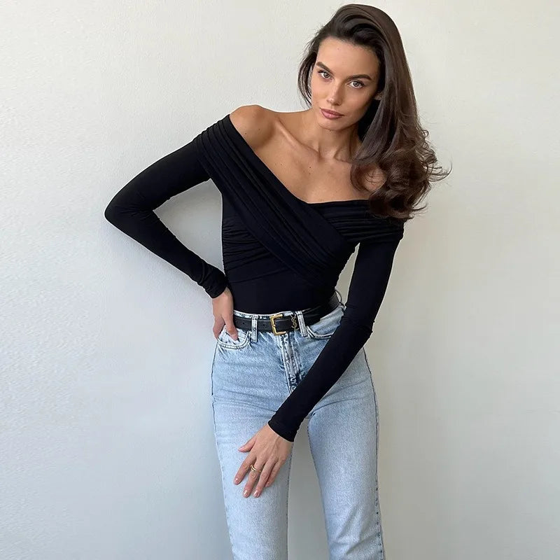 Red Sexy Off Shoulder Women's Bodysuits Fashion Crossed Folds Skinny Rompers Long Sleeve Fashion Streetwear Autumn Bodysuits New