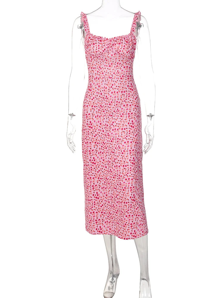 Hugcitar Ruffle Floral Print Sleeveless Backless Slip Draped Midi Dress Sexy Skinny 2025 Summer Outfit Streetwear Party Club Y2K