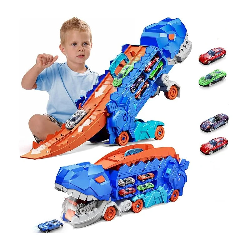 Transport Dinosaur Hauler Truck Foldable Sliding 25 Inch Race Track Transforms into Standing T-rex with 4 Die-cast Cars Toy Kids
