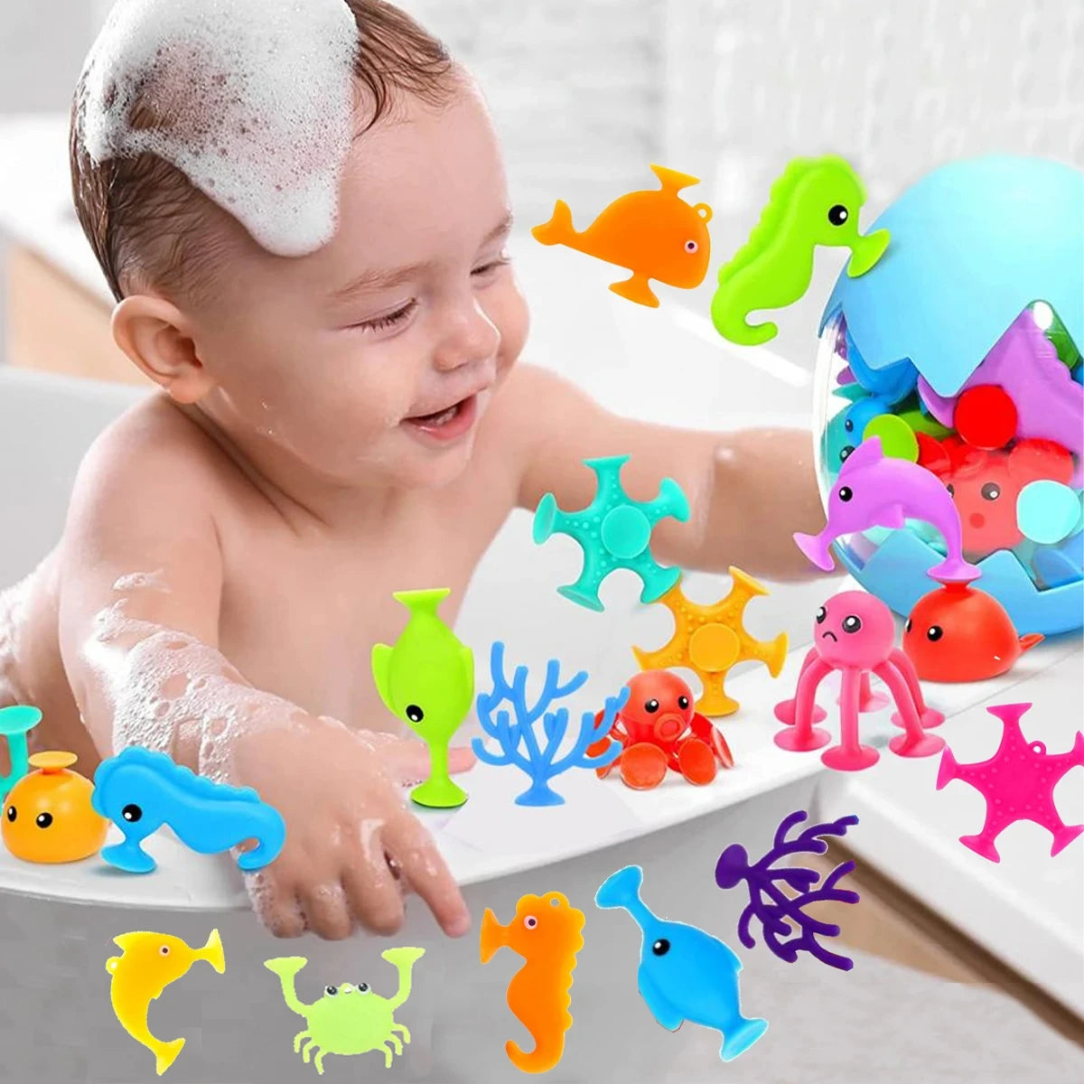 Baby Sucker Bath Toys for Kids Boys Girls Animal Shaped Suction Toys Parent-Child Interactive Game Window Travel Building Blocks