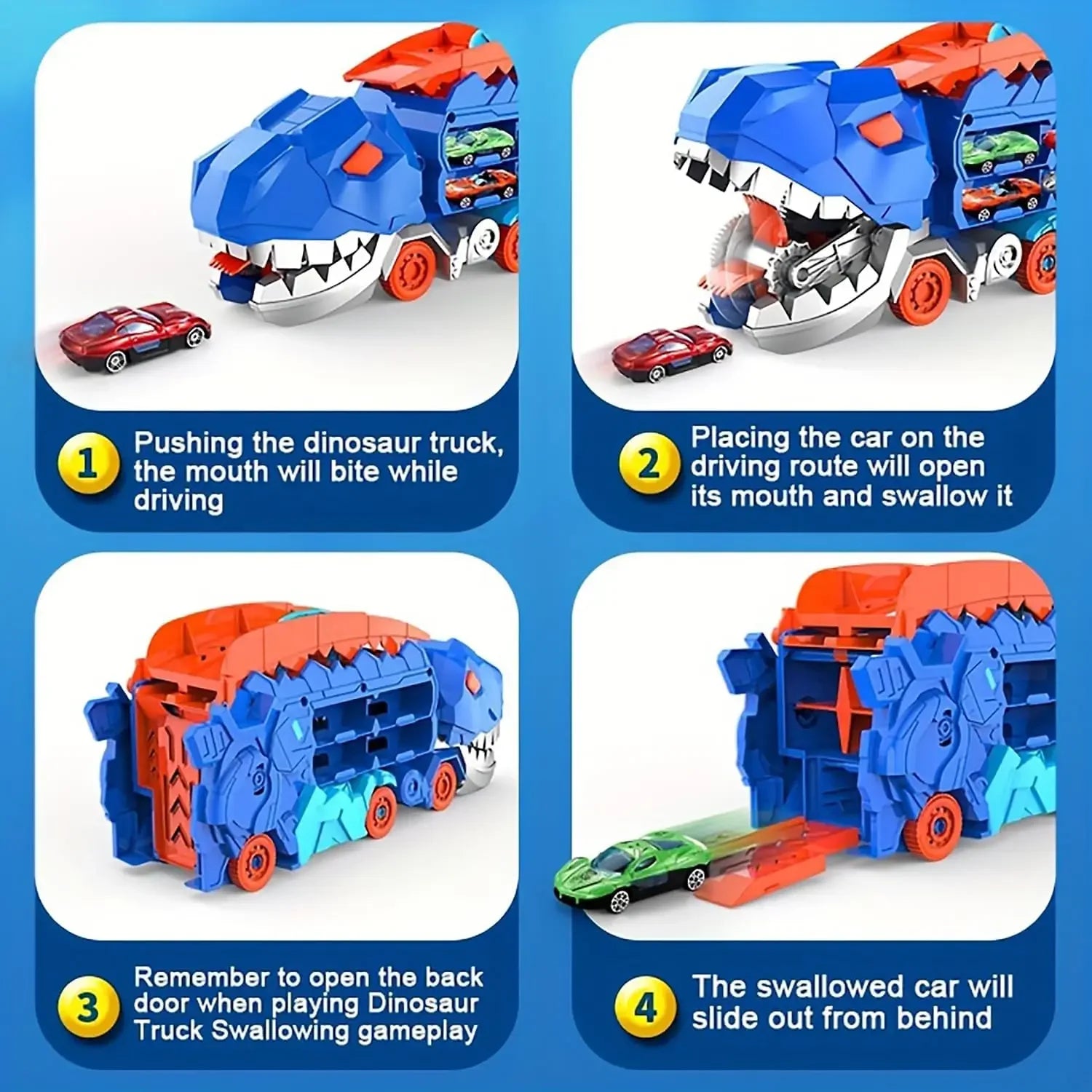 Transport Dinosaur Hauler Truck Foldable Sliding 25 Inch Race Track Transforms into Standing T-rex with 4 Die-cast Cars Toy Kids