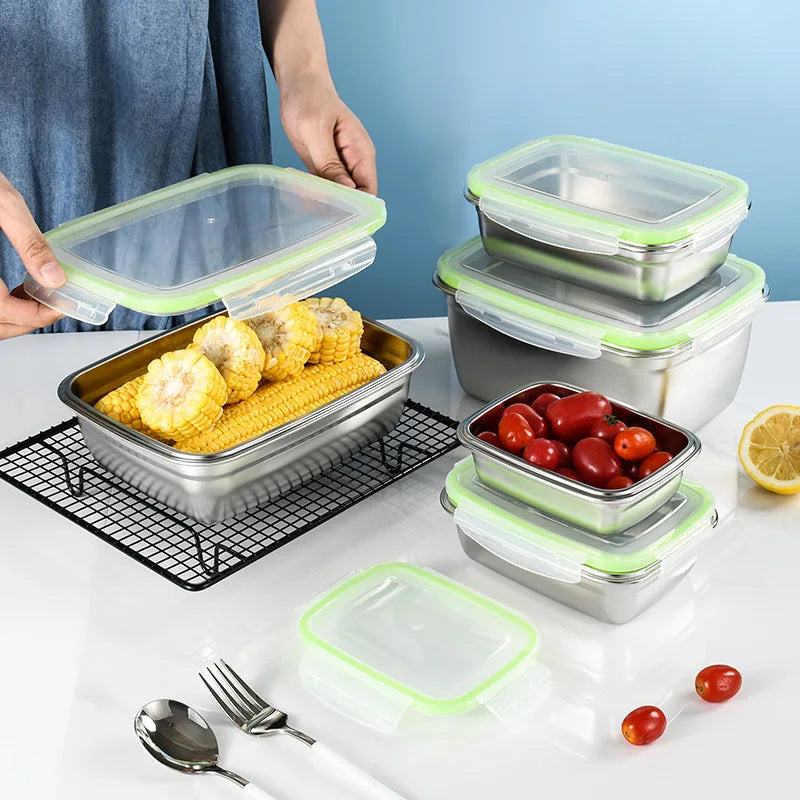 304 Stainless Steel Fresh-keeping Box Sealed Leak Proof Lunch Box Fruit Box with Lid Dumpling Container Refrigerated Storage Box