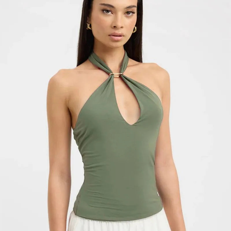 Summer new women's sleeveless backless perforated hollow hanging neck strap tight vest top