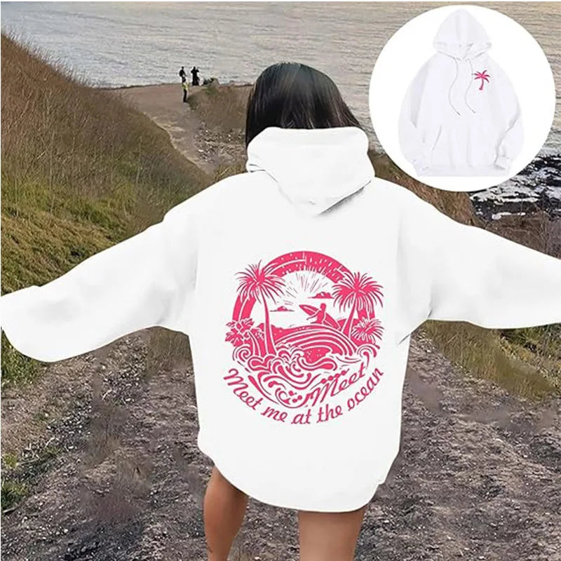 Autumn and winter new Pink Palm Puff Fashion treeprint fashionable simple hoodie casual loose comfortable hoodie drawstring spor