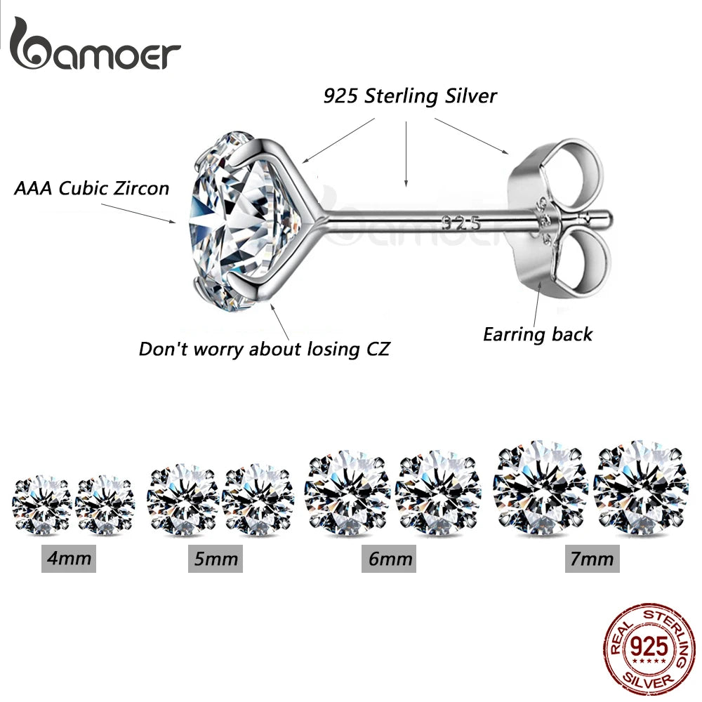 Stud Earrings 925 Sterling Silver Platinum Plated Round Cubic Zirconia Hypoallergenic Earrings 4mm 5mm 6mm 7mm BSE166
