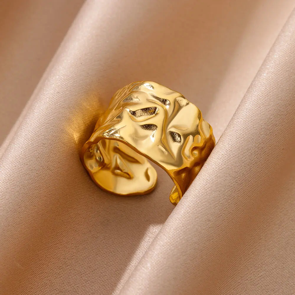 Irregular Geometric Chunky Opening Rings for Women Stainless Steel Gold Color Ring Aesthetic Wedding Waterproof Jewelry Gift