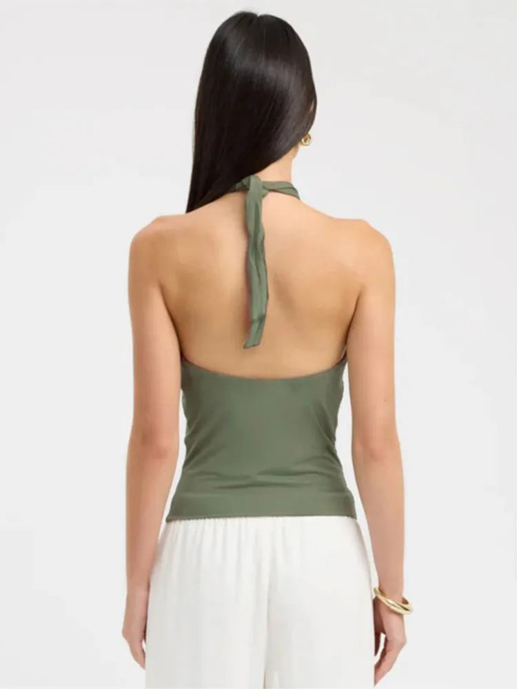 Summer new women's sleeveless backless perforated hollow hanging neck strap tight vest top