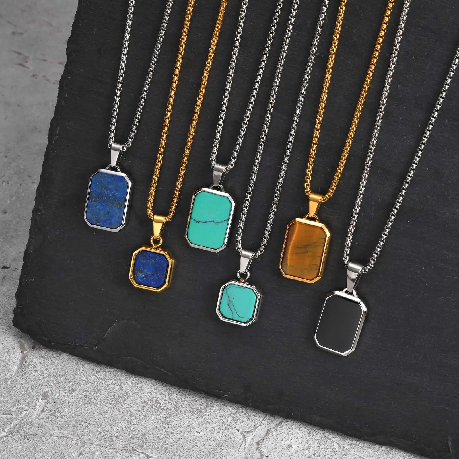 Trendy Pendant Necklaces for Men Boys,Square Natural Stone Stainless Steel Necklaces,New Hip Hop Cool Jewelry Gifts