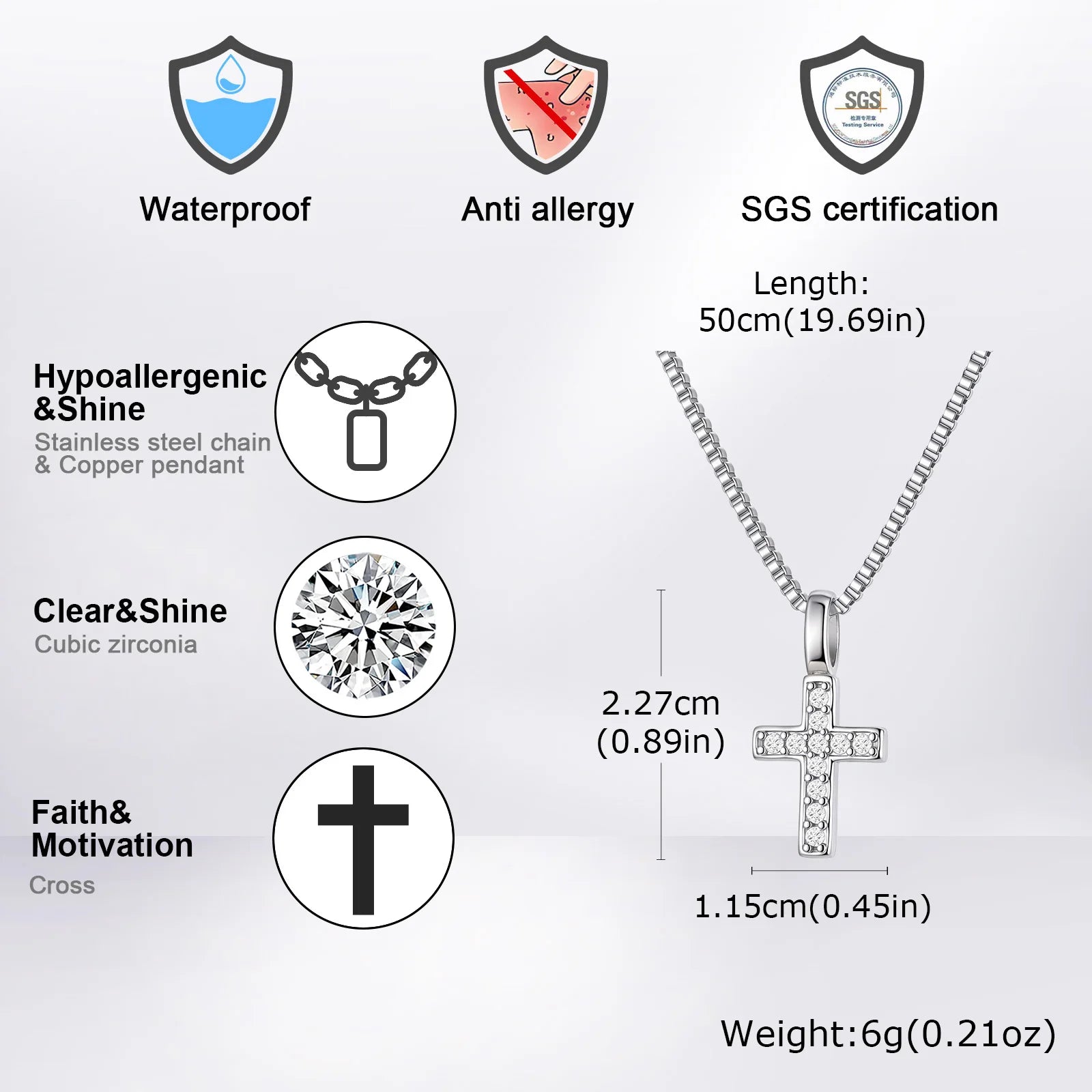 Punk Small Cross Necklace for Men Boys,Hip Hop Pendant Necklace with 50cm Stainless Steel Square Box Chain Gifts