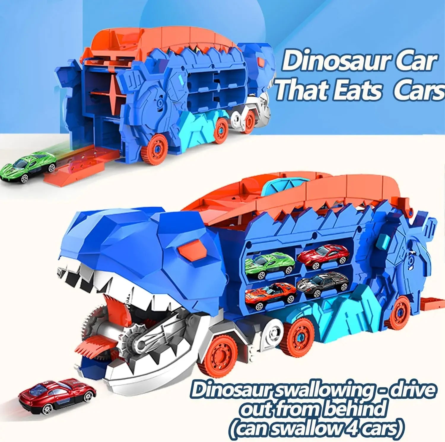 Transport Dinosaur Hauler Truck Foldable Sliding 25 Inch Race Track Transforms into Standing T-rex with 4 Die-cast Cars Toy Kids