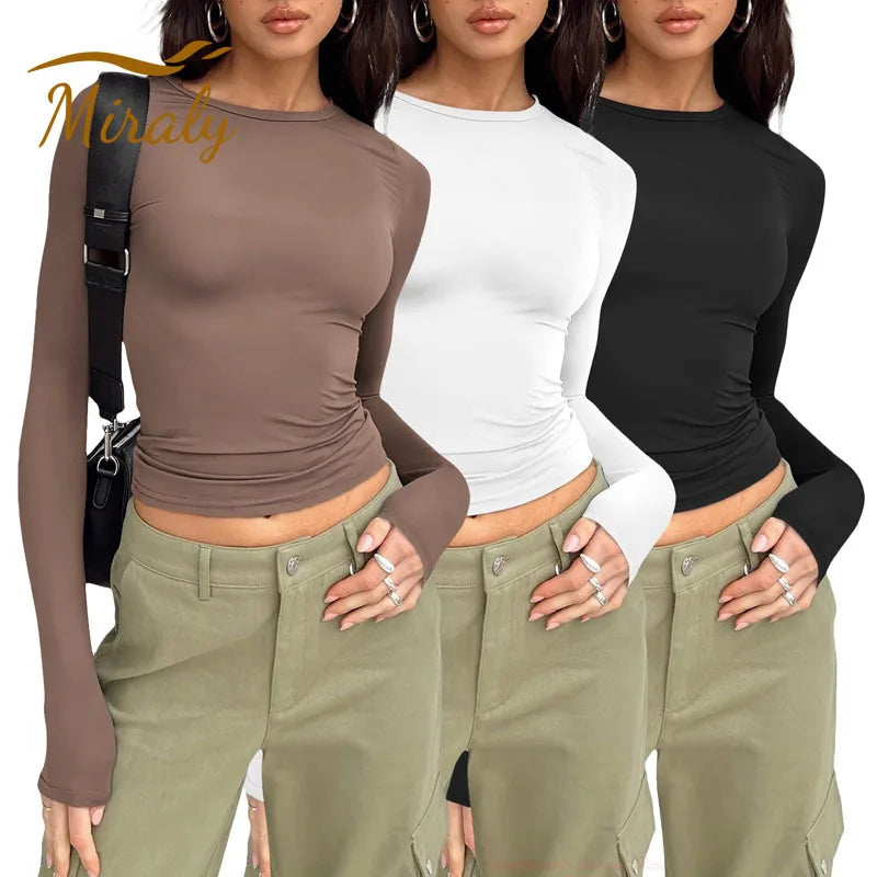 Spring Autumn Women Y2K Pink T-Shirt Causal Long Sleeve Crop Tops O Neck Pullovers Base Tees Bodycon Slim Fit T Shirt