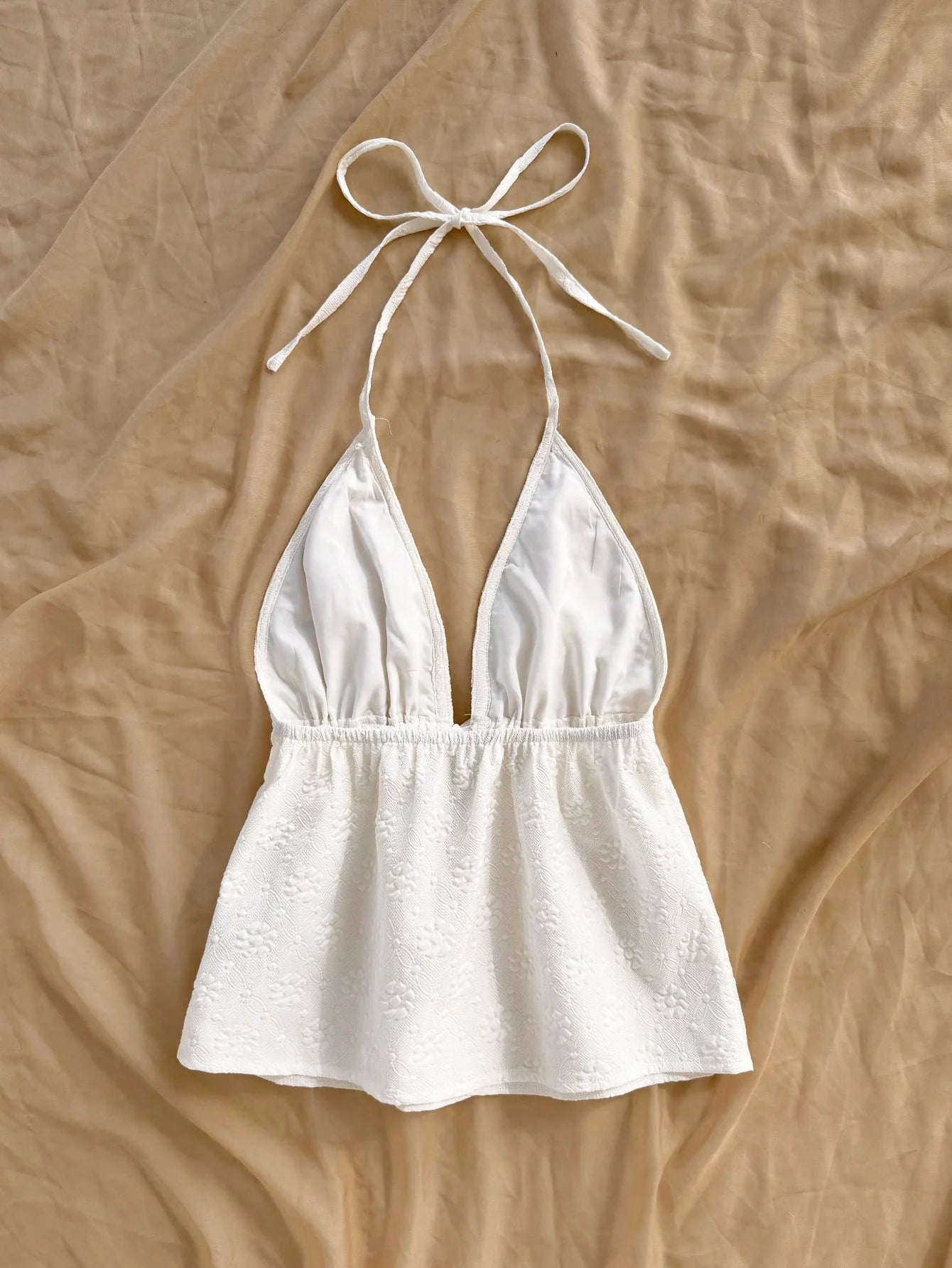 Women's Summer Casual Halter Sexy V-Neck Backless Textured Fabric Sleeveless White Vest