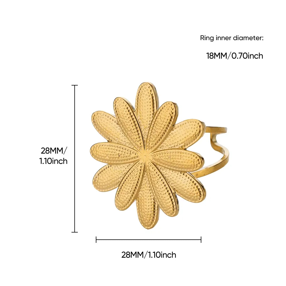 Elegant Stainless Steel Big Bloom Flower Rings For Women Gold Color Sun Starfish Open Ring Finger Jewelry Wedding Her Gift Punk