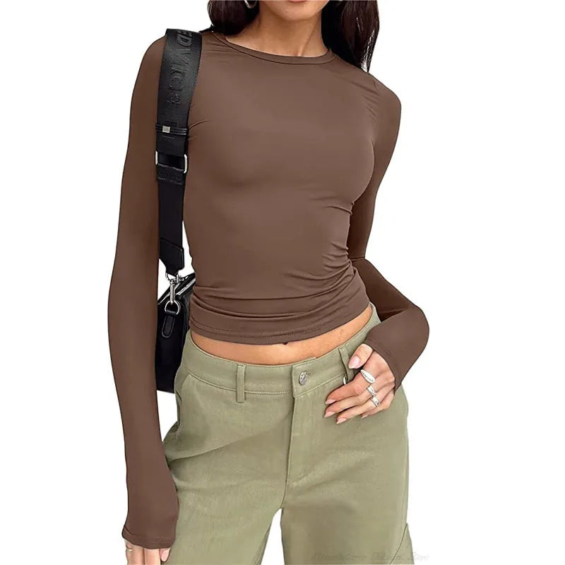 Spring Autumn Women Y2K Pink T-Shirt Causal Long Sleeve Crop Tops O Neck Pullovers Base Tees Bodycon Slim Fit T Shirt
