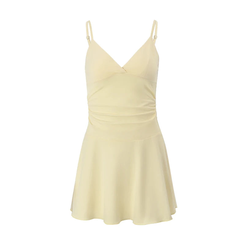 WhereMery Casual Solid Off Shoulder V-neck Slim A-line Dress Sexy Fashion Sleeveless Streetwear Mini Dresses Summer New Vestidos
