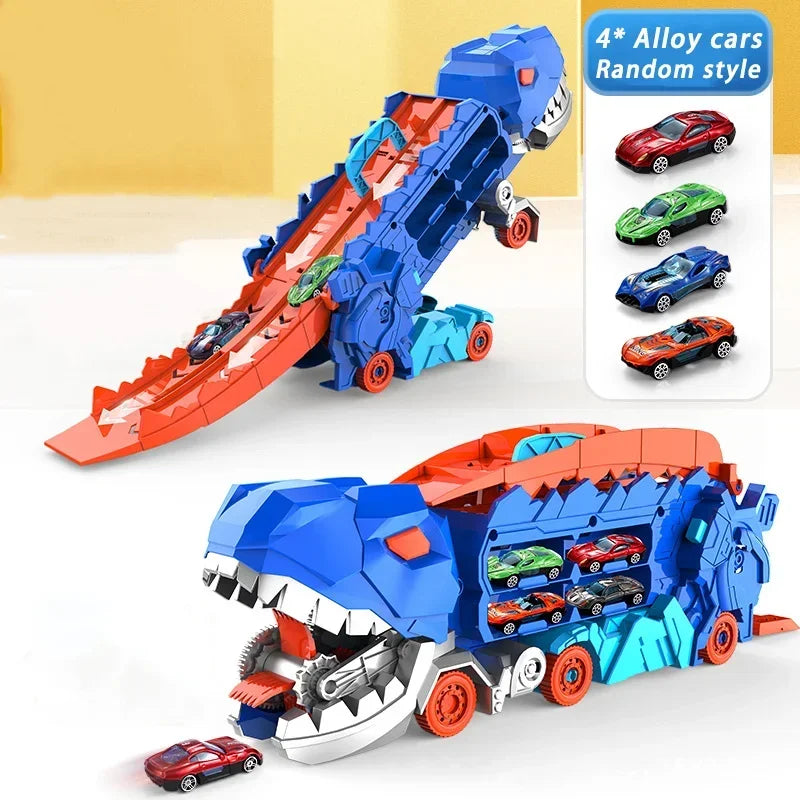 Transport Dinosaur Hauler Truck Foldable Sliding 25 Inch Race Track Transforms into Standing T-rex with 4 Die-cast Cars Toy Kids